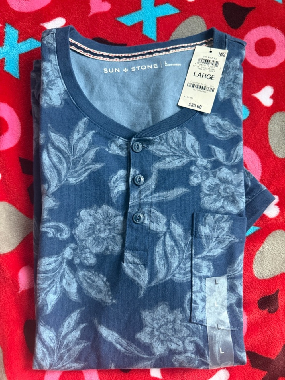 Sun + Stone Navy Blue Floral Henley Tee